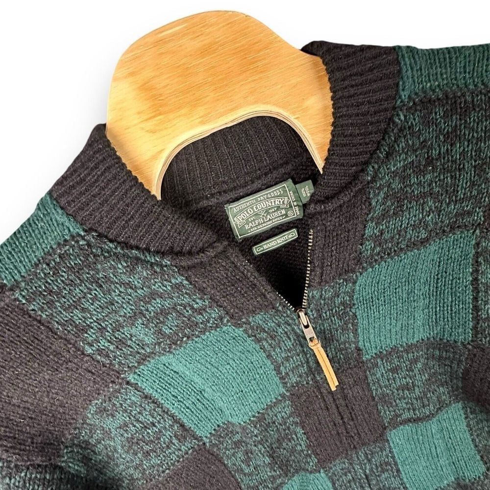 Vintage Polo Country Ralph Lauren XL Wool Hand Knit Cardigan Black Watch Plaid