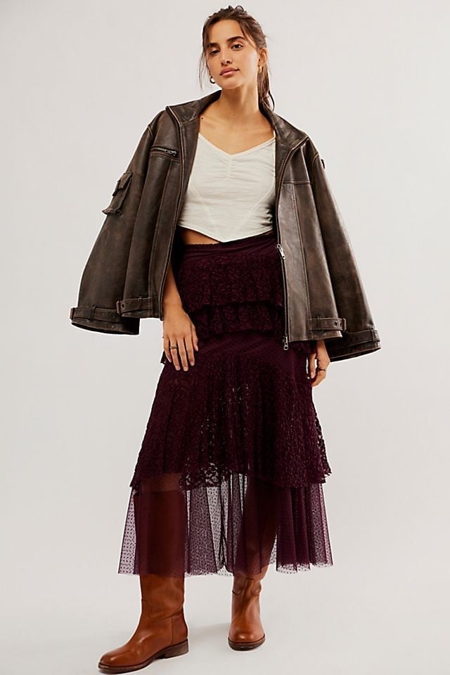 Free People Tiered Lace A Line Tulle Midi Skirt Wine Size S NEW