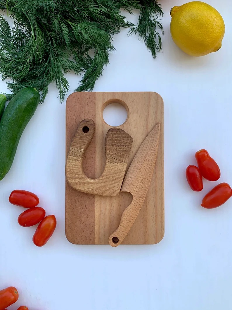 Cutting Board, Safe Wooden Knife and Butter Knife for Kids SET, Toddler Utensil