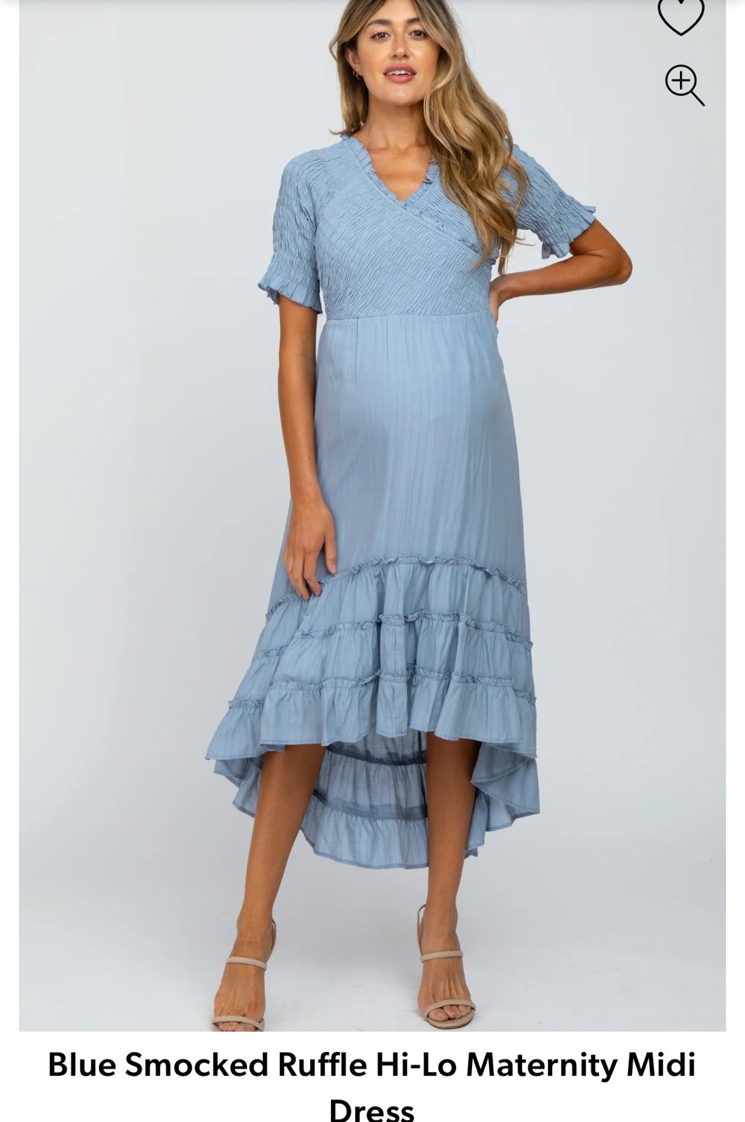 Pink blush Maternity Polagram. Blue Smocked Ruffle Hi-Lo Maternity Midi Dress