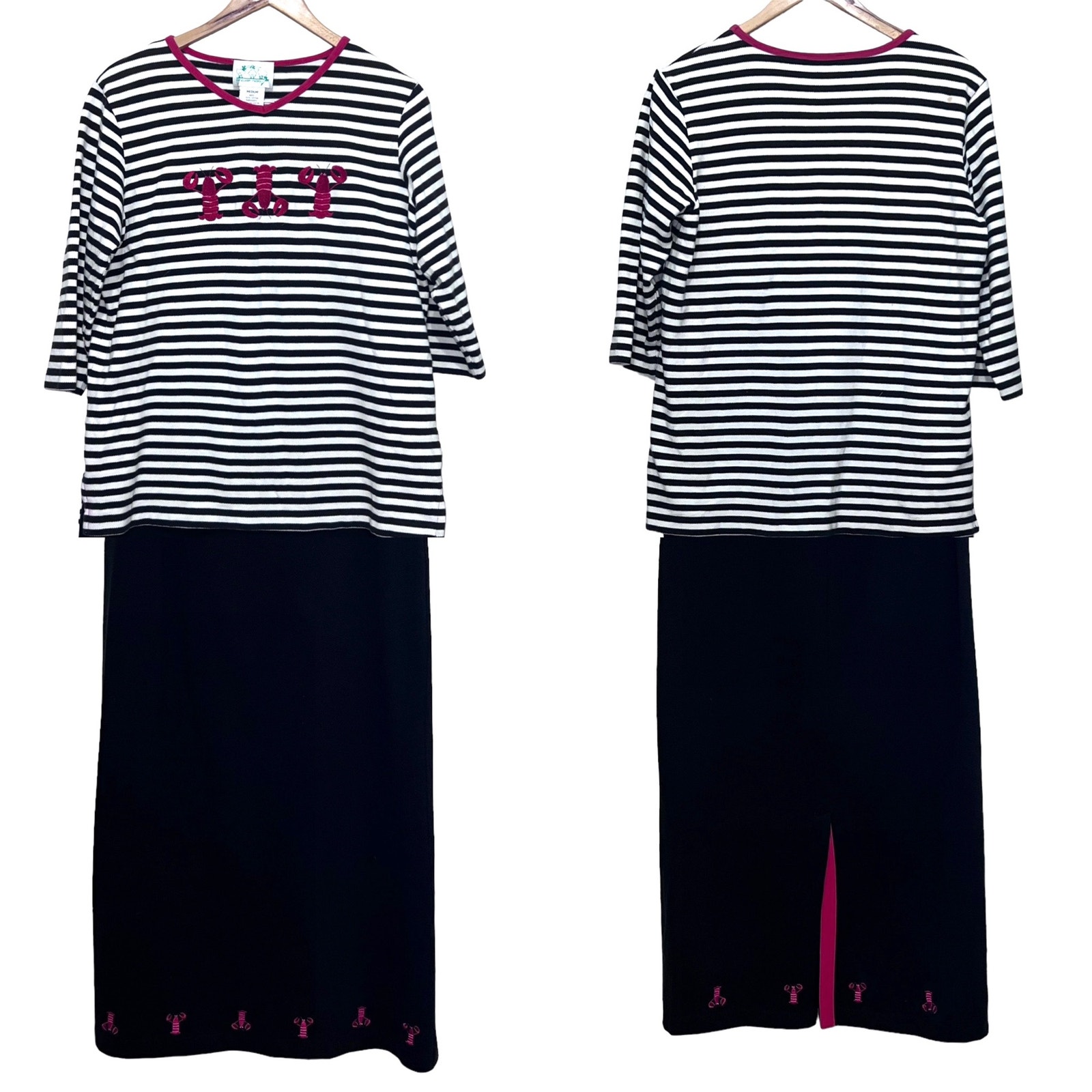 Vintage Quacker Factory Lobster Embroidered Striped Pique Knit Top Skirt Set MED