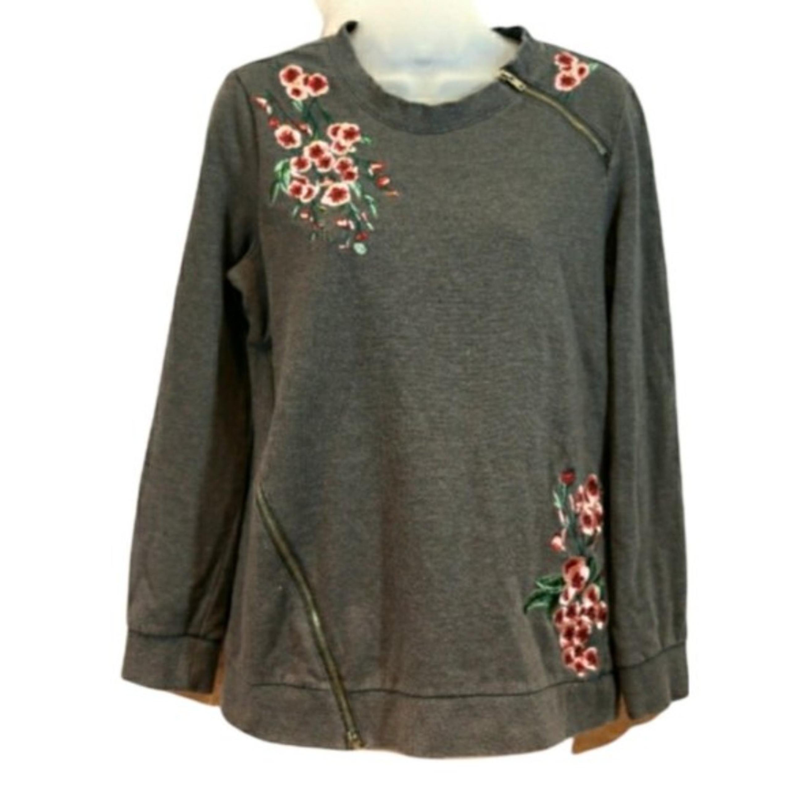 Nanette Lepore Floral Embroidered Gray Pullover Sweatshirt Small