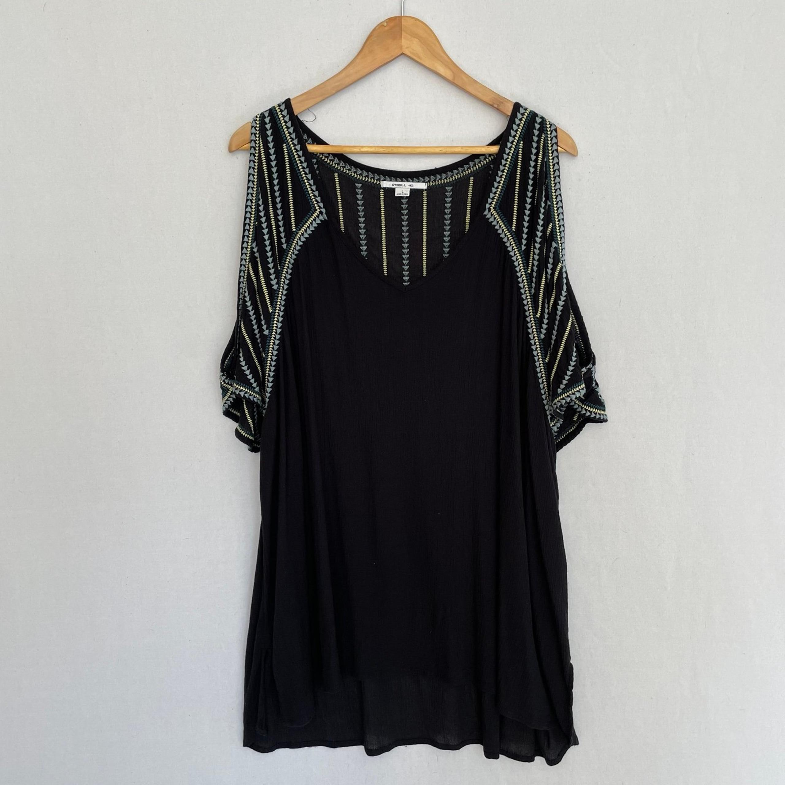 O’NEILL Women's Large Black Embroidered Cold Shoulder Beach Cover Up Dress Tunic