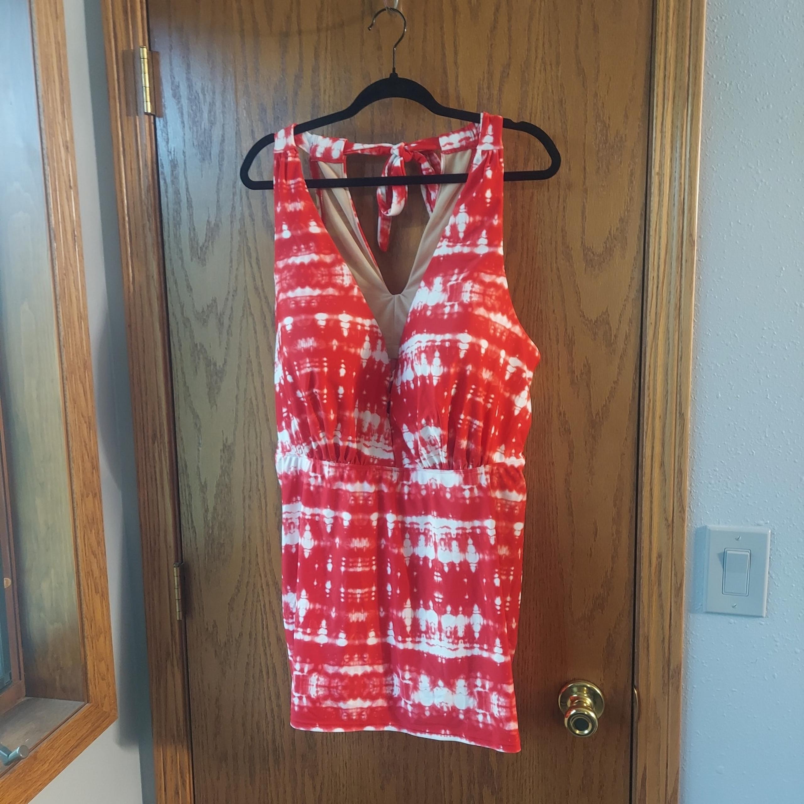 Cacique Red White Tie Dye Abstract Print One pIece Swimsuit 40DD