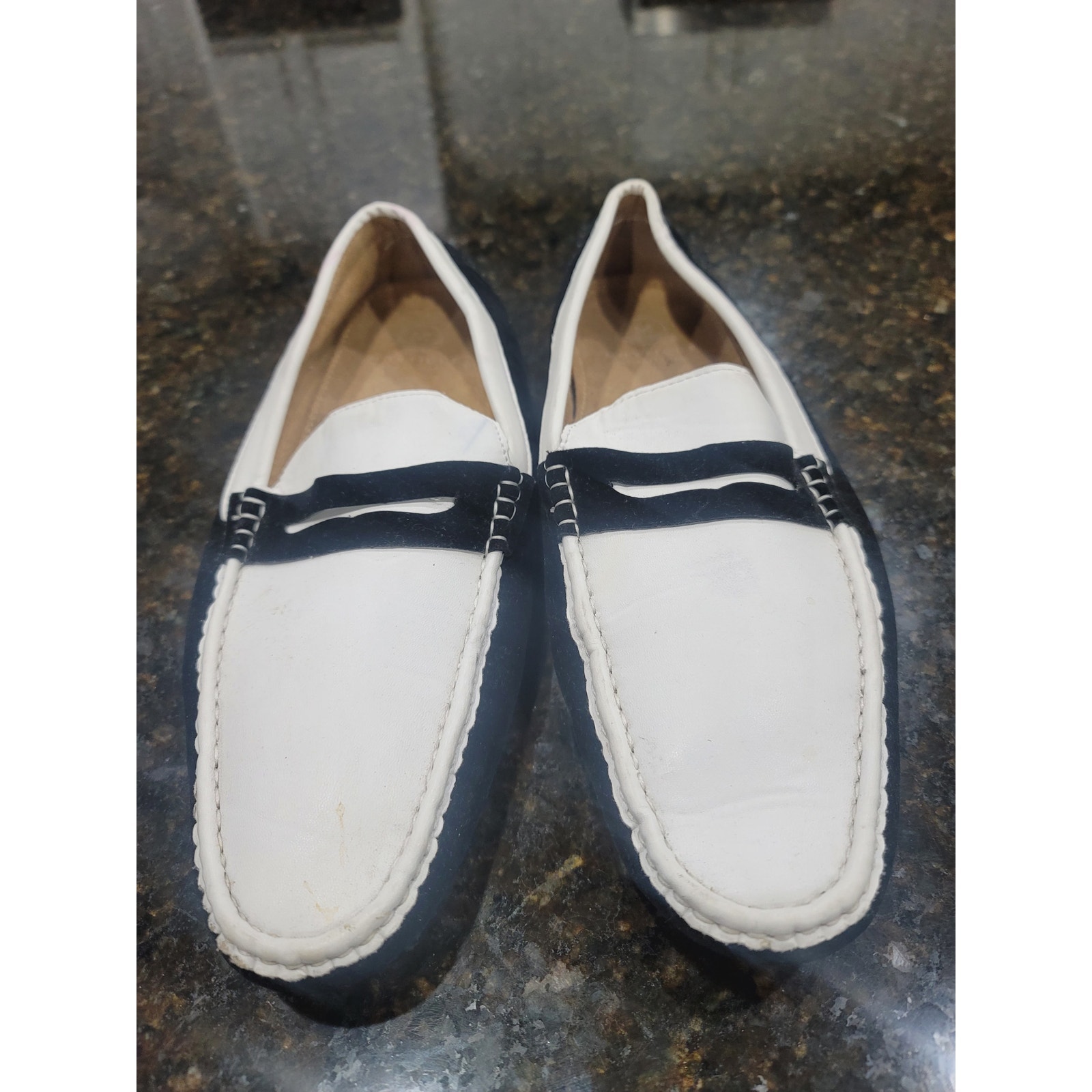 Montique Loafer Shoes Men's Size 10 White Black Suede Leather Moc Toe Slip On
