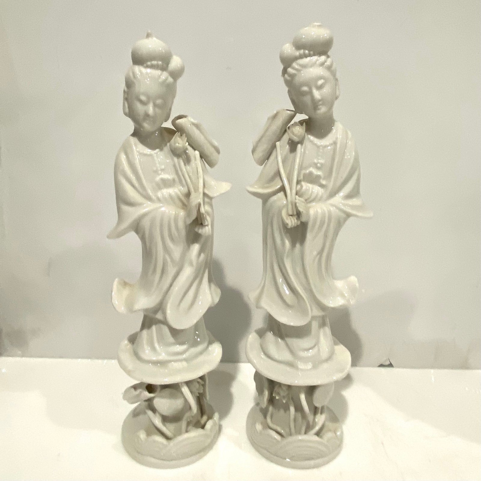 PAIR OF Antique Chinese Dehua White Porcelain Sculpture Figurines of Ladies