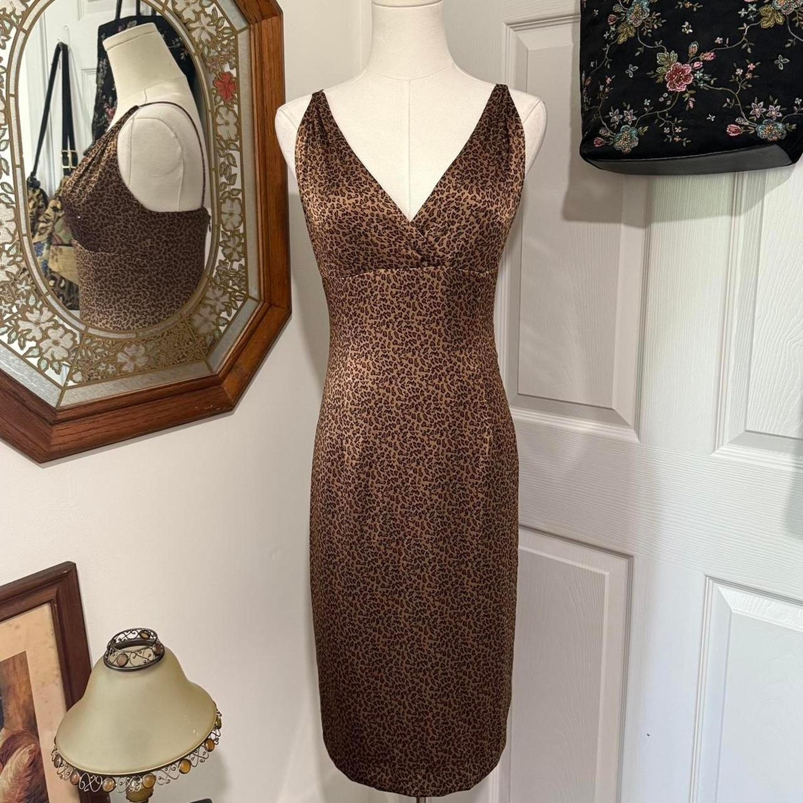 VTG 90s Kathlin Argiro Brown Cheetah Print Silk Rhinestone Fitted Sheath Dress 2
