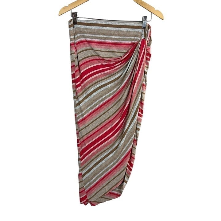 Bailey 44 Midi Sarong Skirt Women Medium Pink Gray Beige Striped Wrap Knot Hi Lo