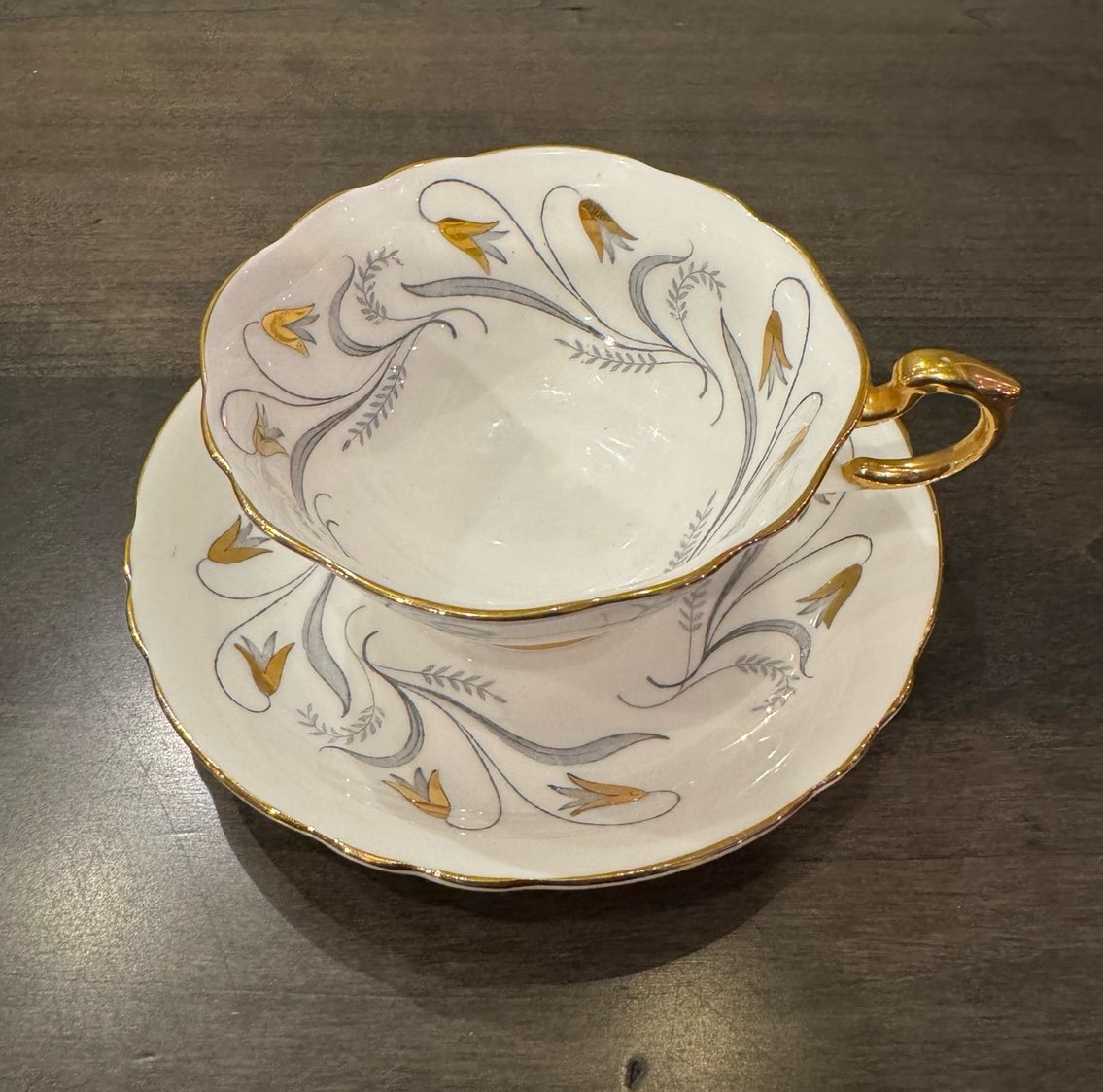 Paragon Footed Teacup Saucer Art Deco Gold Gray Floral