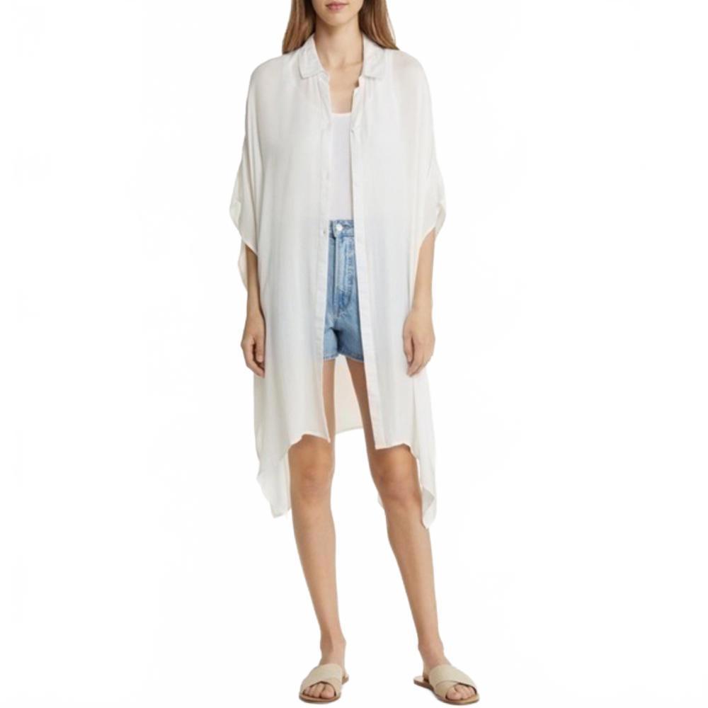 Wide Sleeve Button Up Tunic Collar Swim Cover Up White One Size