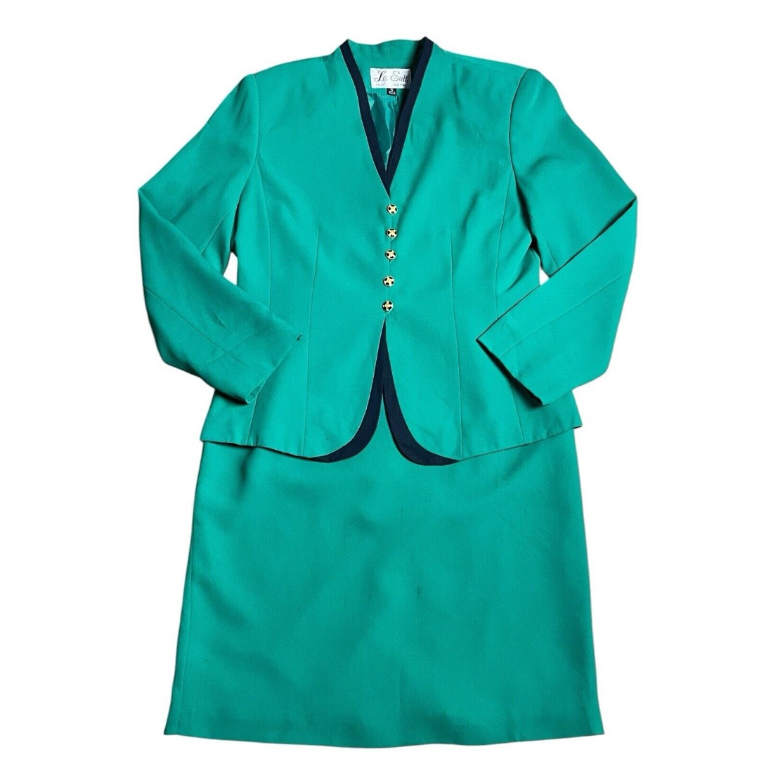 LeSuit Blazer Skirt Suit Set Womens Size 10 Green Black Lined Long Sleeve