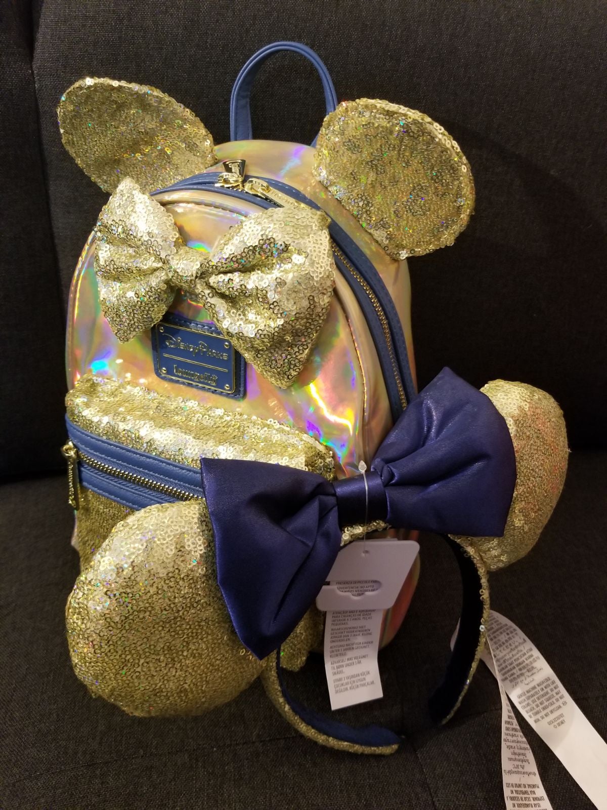 NWT Walt Disney World Gold EARidescent Loungelfy Backpack and Minnie ears