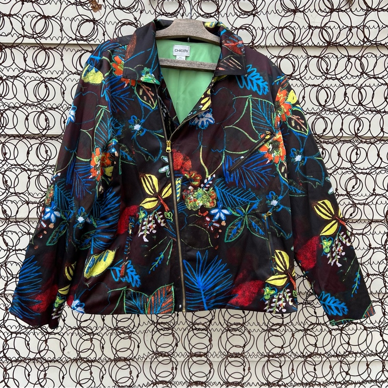 Chico’s black floral tropical asymmetric moto zip blazer jacket size 3