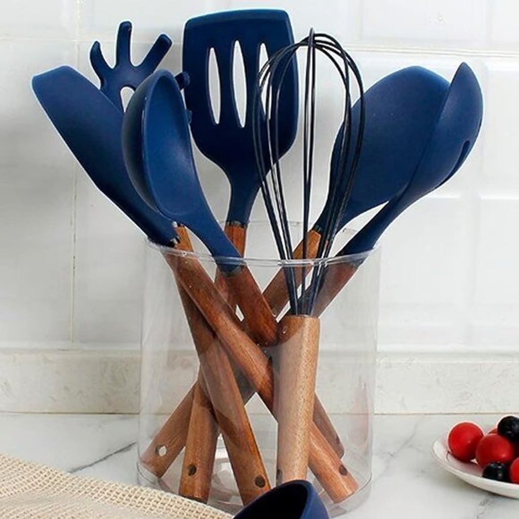 NEW Kitchen Non Stick Silicone Utensil Set with Rounded Wood Handles