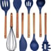 NEW Kitchen Non Stick Silicone Utensil Set with Rounded Wood Handles