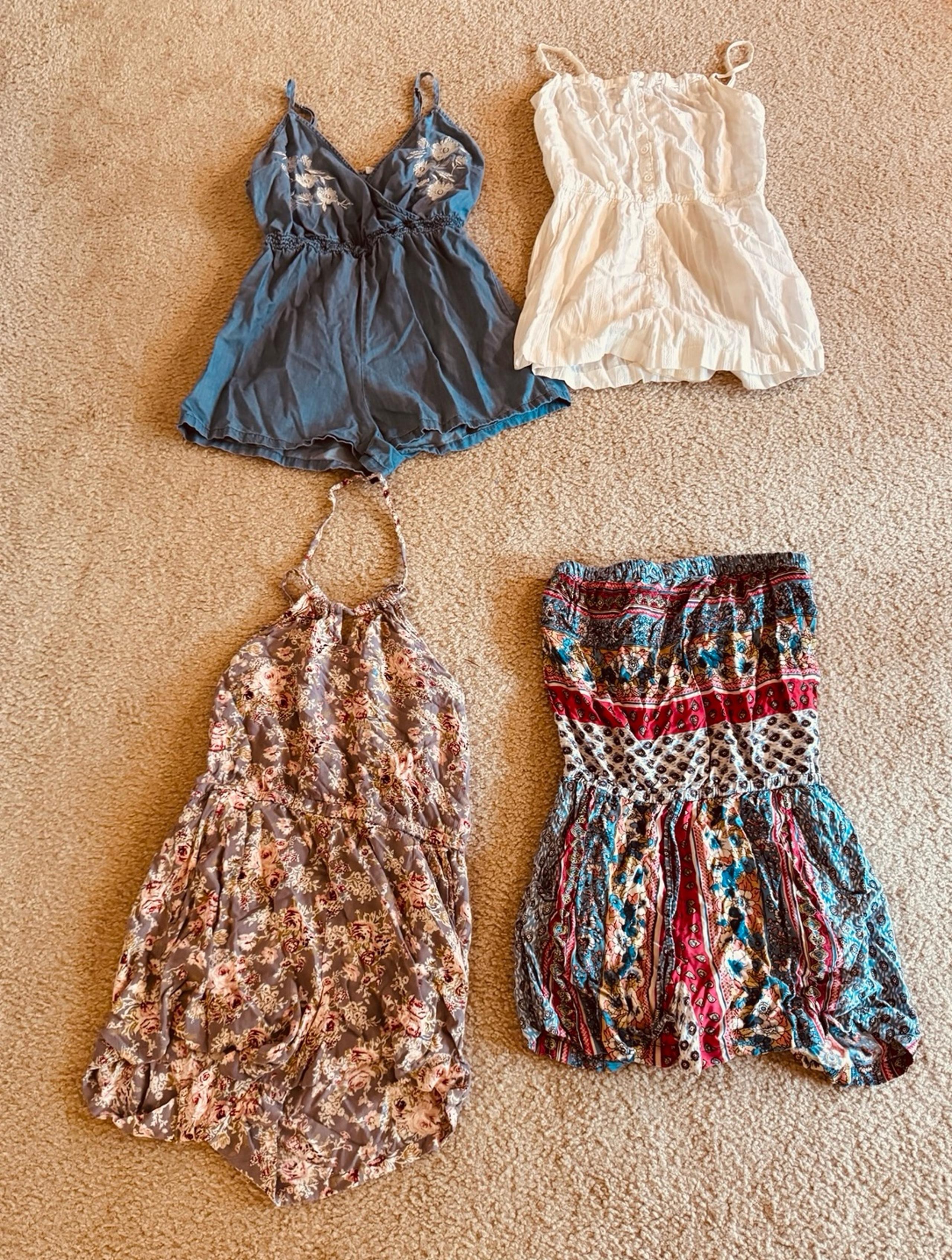 Lot of 4 summer rompers! Size S. Denim, white, gray/rose and multi color/pattern
