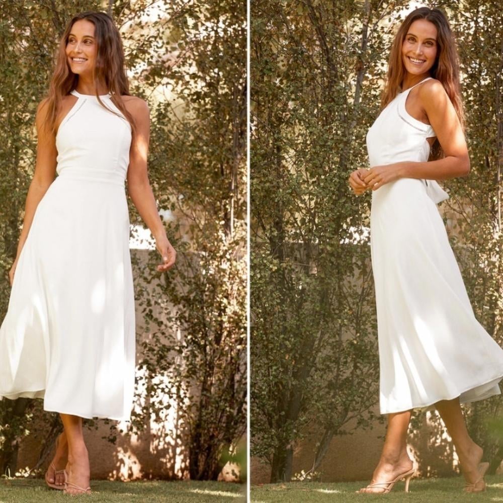 LULU's Bridal White Elegant Flowy Sexy Tie Back Chic Midi Dress NWOT
