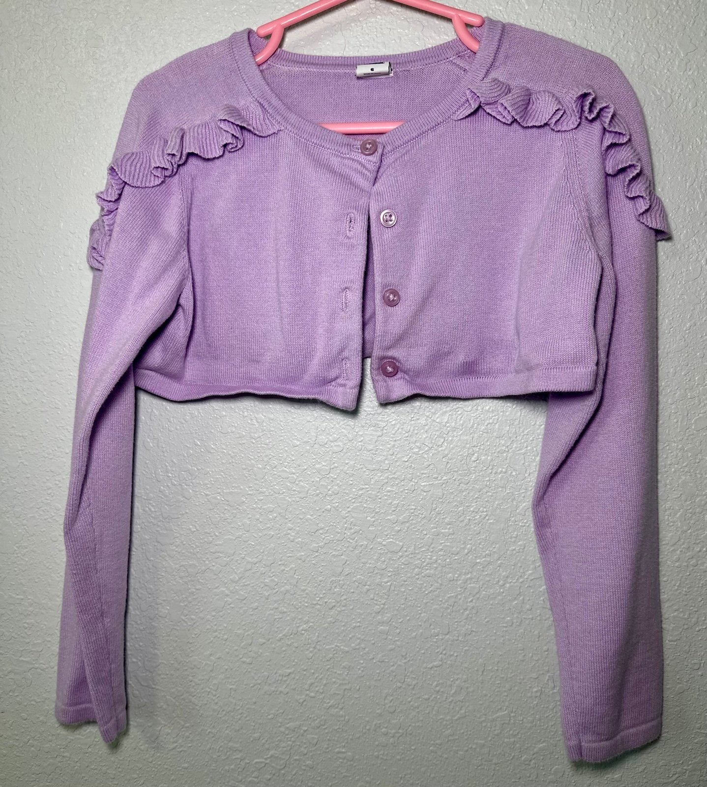 Janie & Jack Cardigan Sweater Girls sz 6 Lavender Cropped Ruffle Long Sleeve
