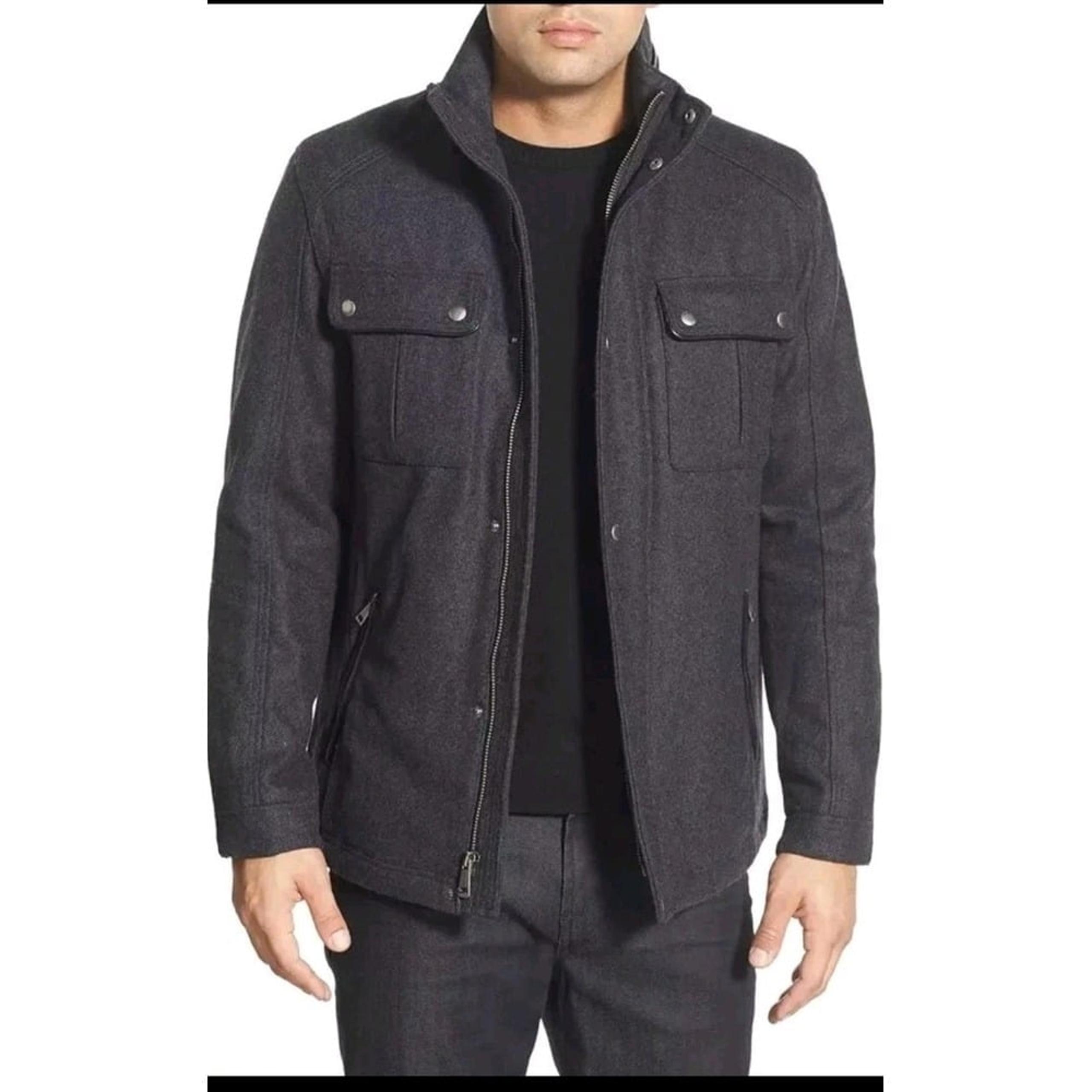 Cole Haan Signature Mens  Melton Zip Wool-Blend Trucker Coat Jacket SZ M Gray