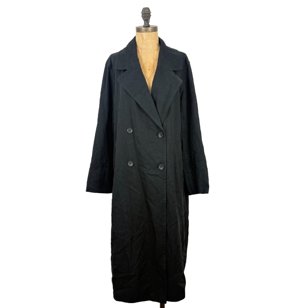 EVERLANE The Drape Trench Coat M Black Cloth Long Double Breasted Classy B36