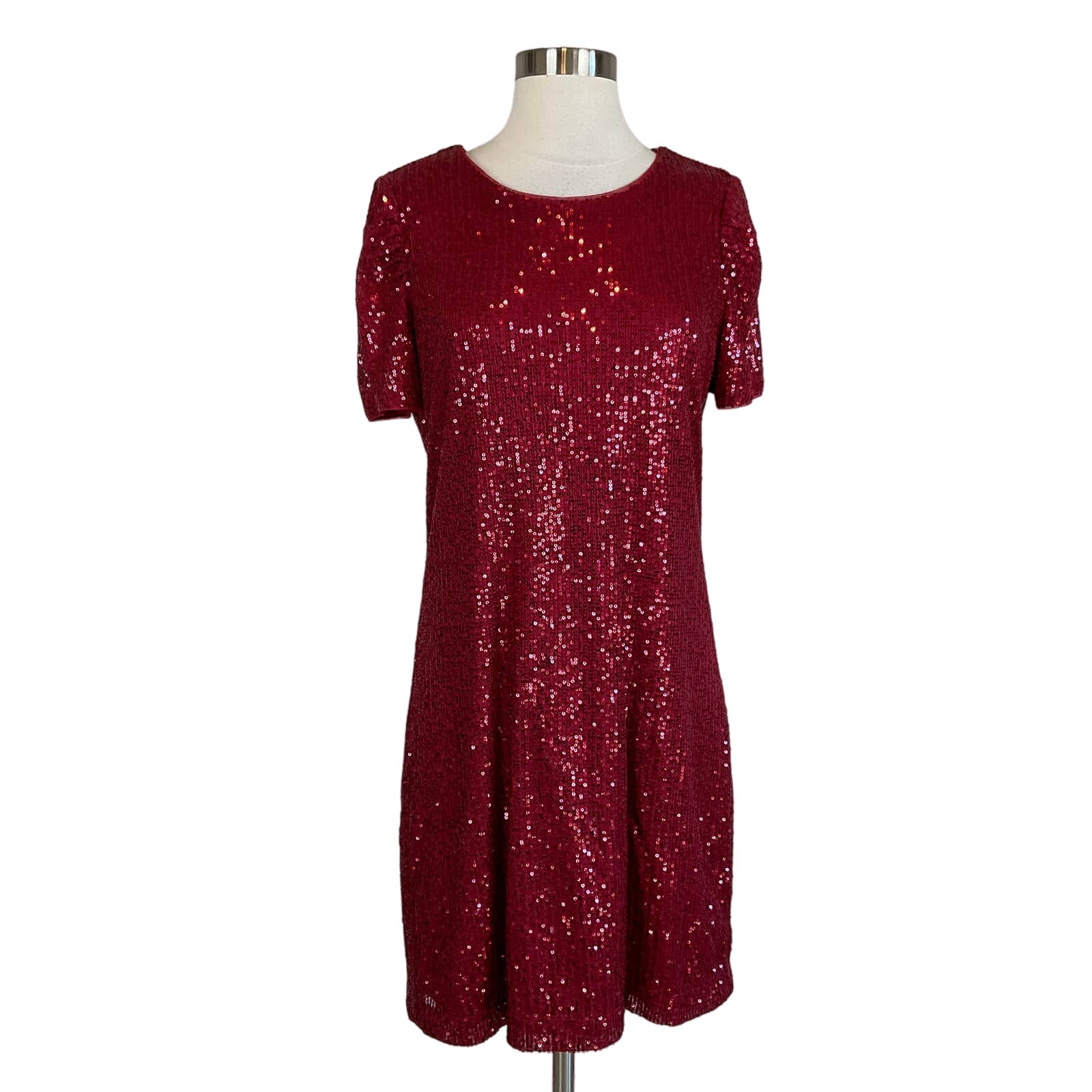 DKNY Women's Cocktail Dress Size 14 Red Sequined Short Sleeve Shift