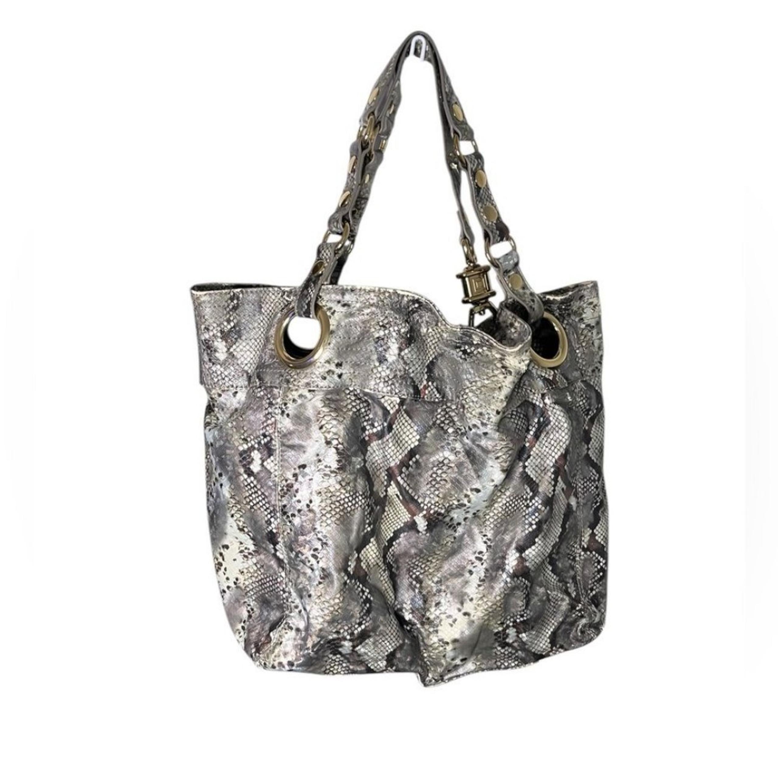 Steven by Steve Madden Tote Bag Snake Print Faux Leather Grommet Gray AS IS
