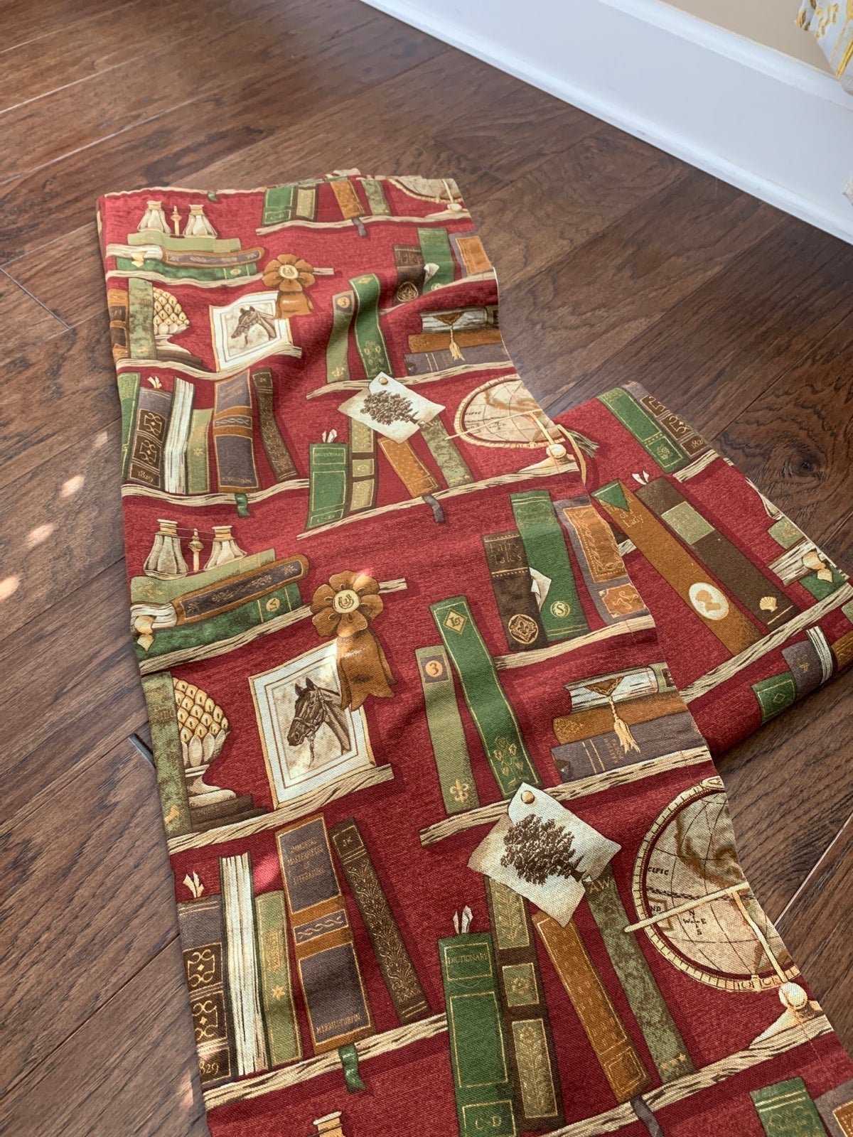 Beautiful book print library book curtains with horse & trophy print