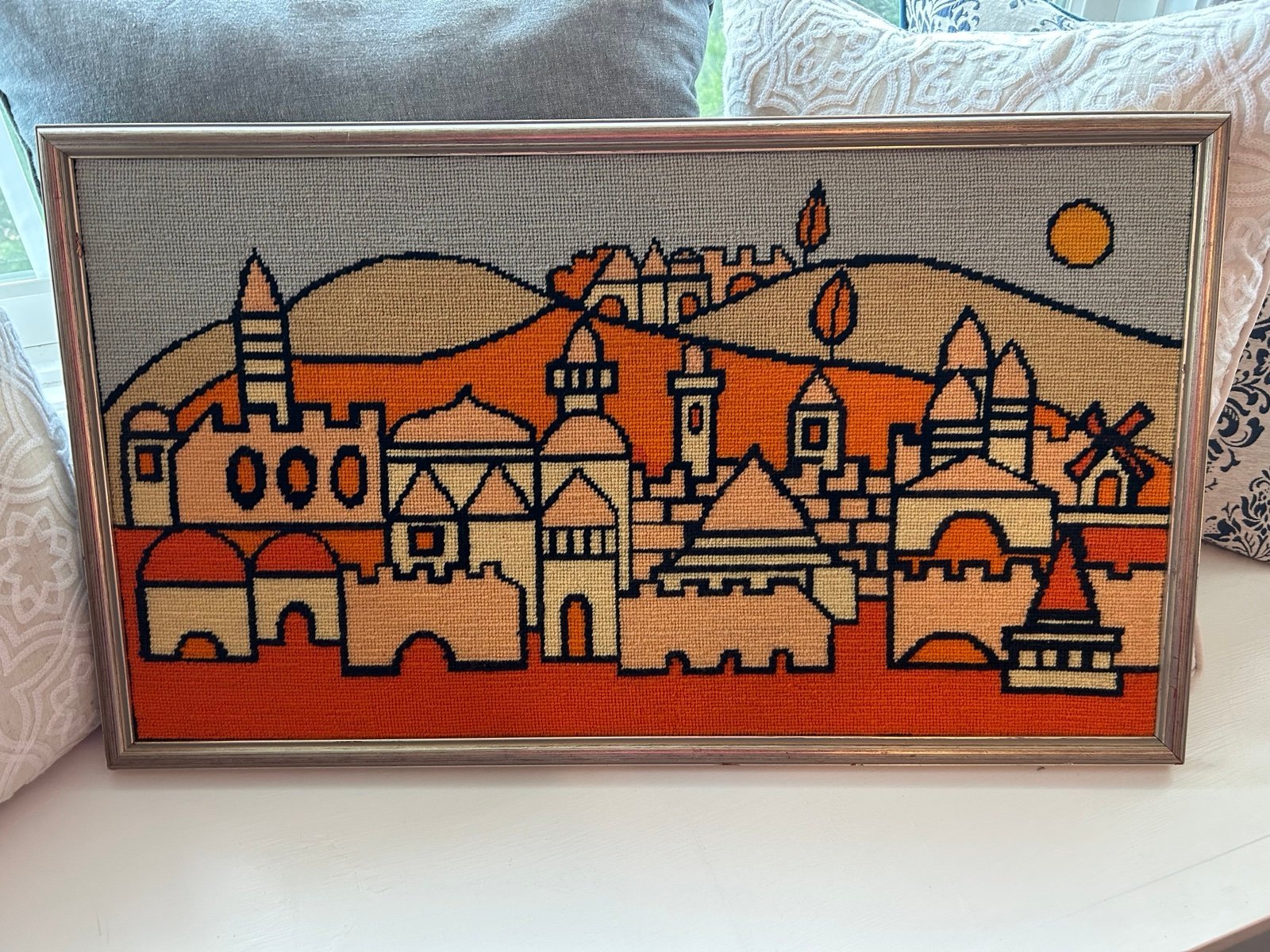 Framed Jerusalem City Skyline Needlepoint Panel 24”x 15”
