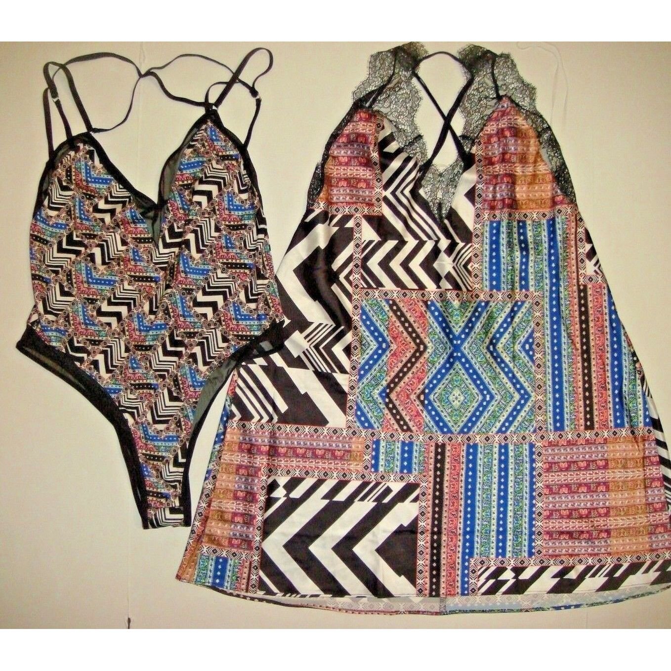 Victoria's Secret L TEDDY+SLIP babydoll Black white Blue Pink geometric Strappy
