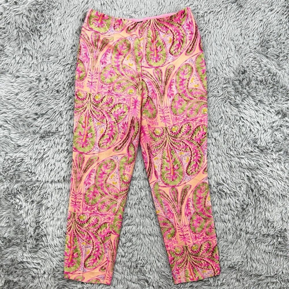 Ralph Lauren Black Label Pants Womens 6 Pink Paisley AOP 100% Silk Cropped Artsy