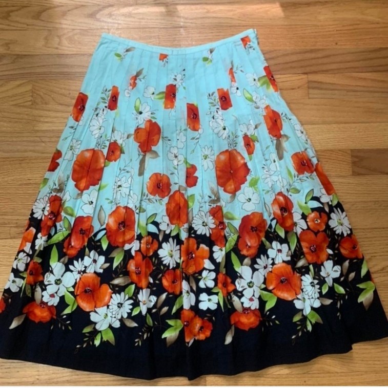 New Talbots All Cotton Pin Tuck Floral Fully Lined A-line Midi Skirt 18