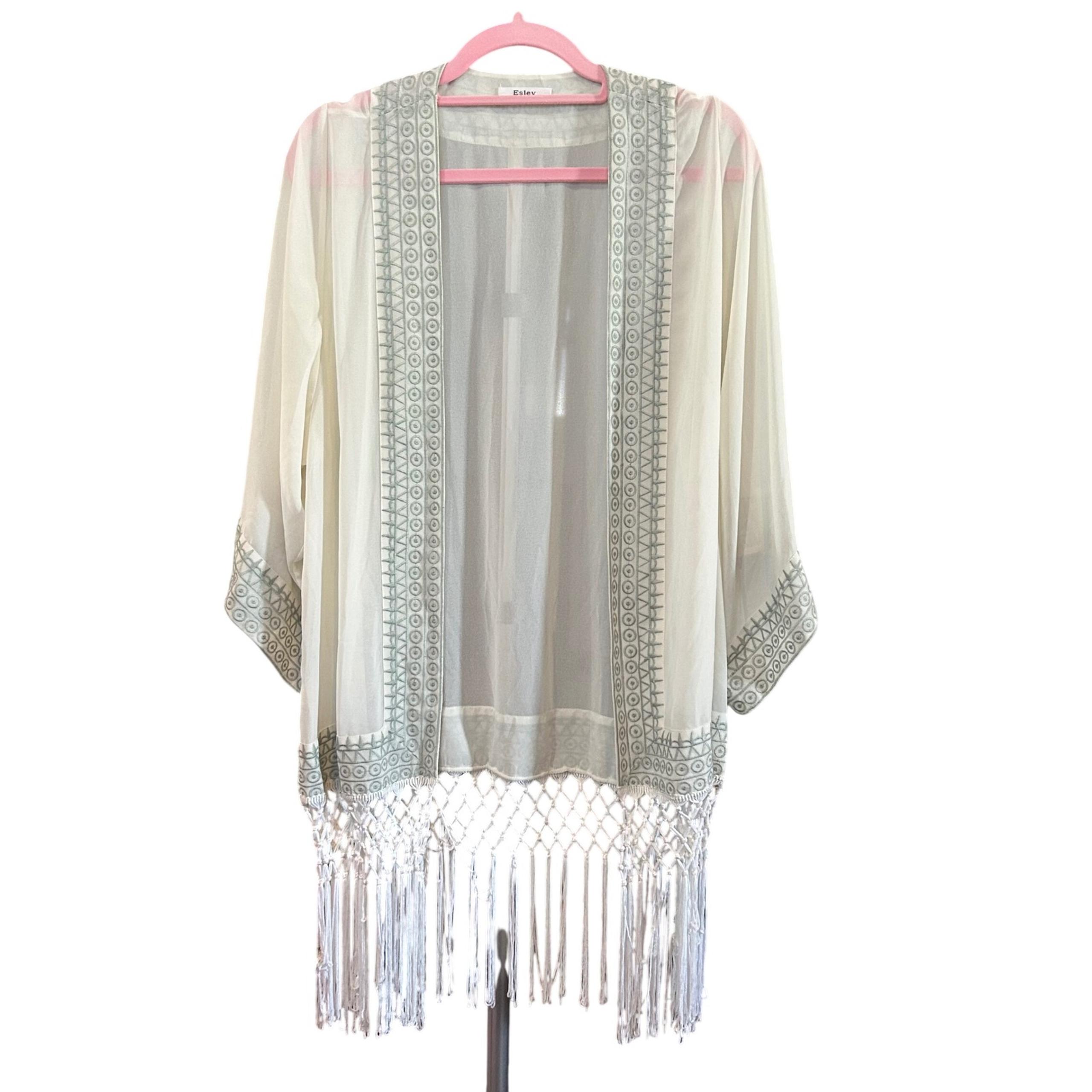 Easley Kimono Fringe Trim Open Front Cover Up Bohemian Sheer Cream One Size