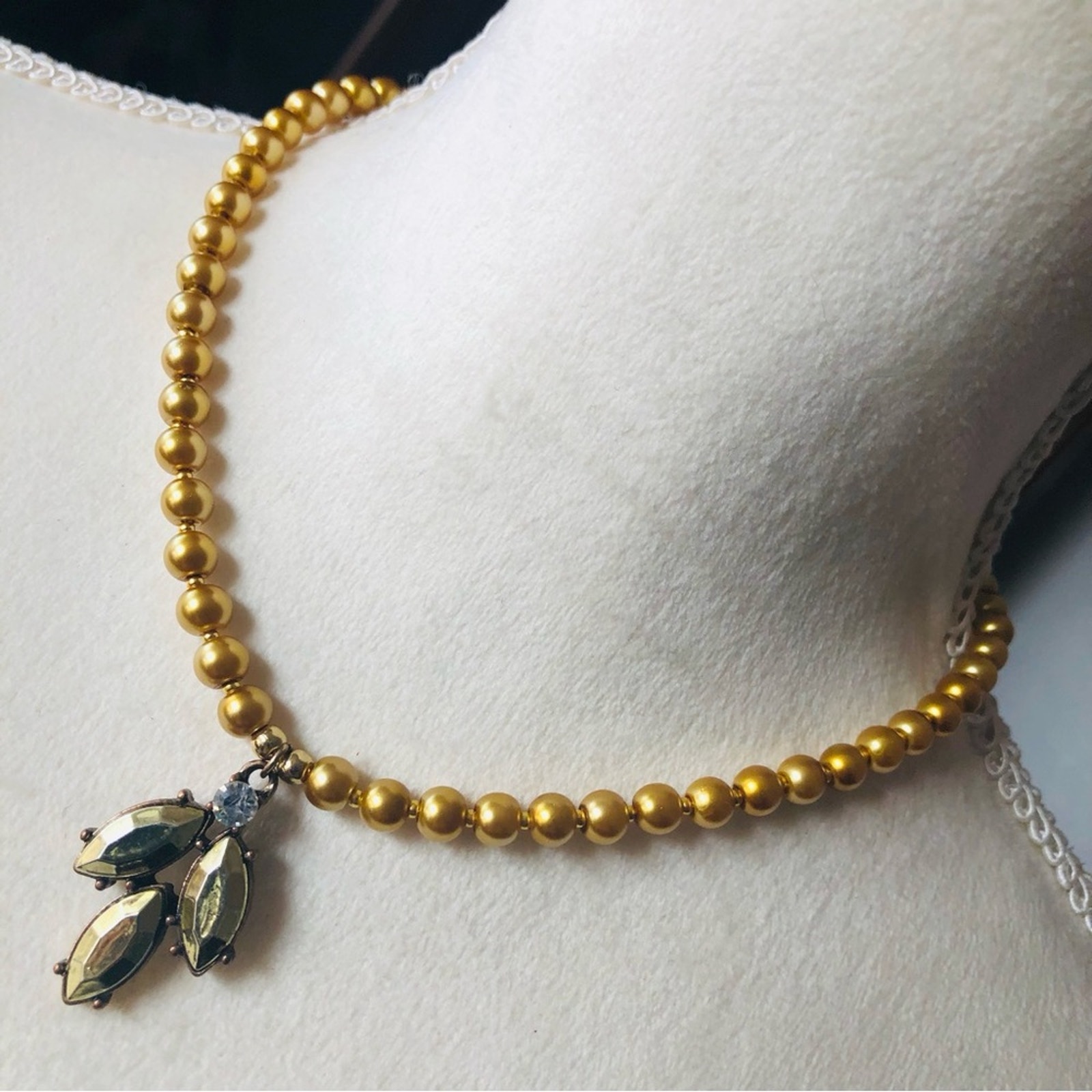 Handcrafted repurpose gold marquis stone pendant Czech glass Pearl necklace