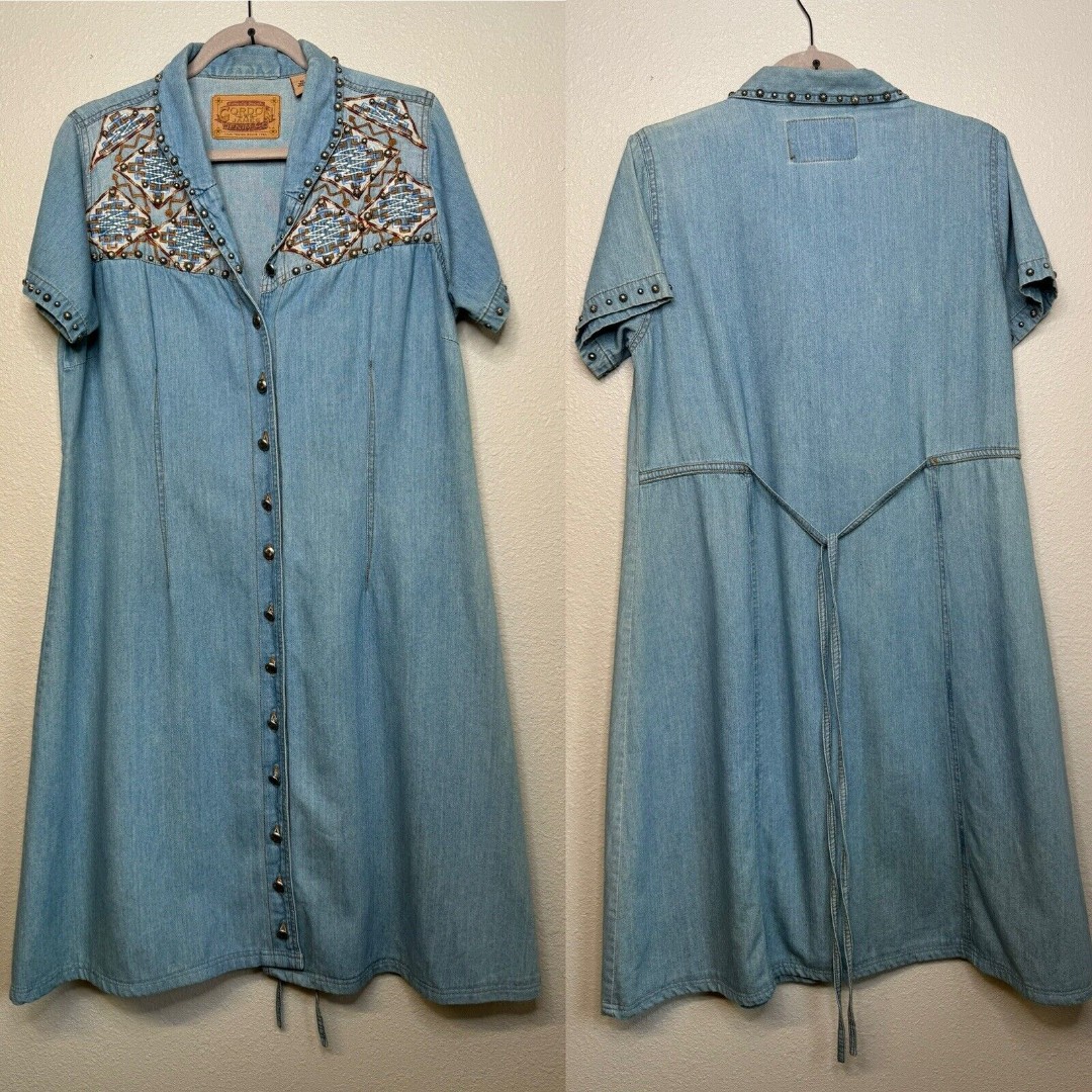 Rare Vintage Gordon & James Denim Western Cowgirl Dress Studded Size XL