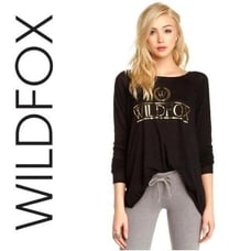 WILDFOX COUTURE GOLD CRESTED WILDFOX LOGO BLACK LONG SLEEVE LIGHTWEIGHT SHIRT XS
