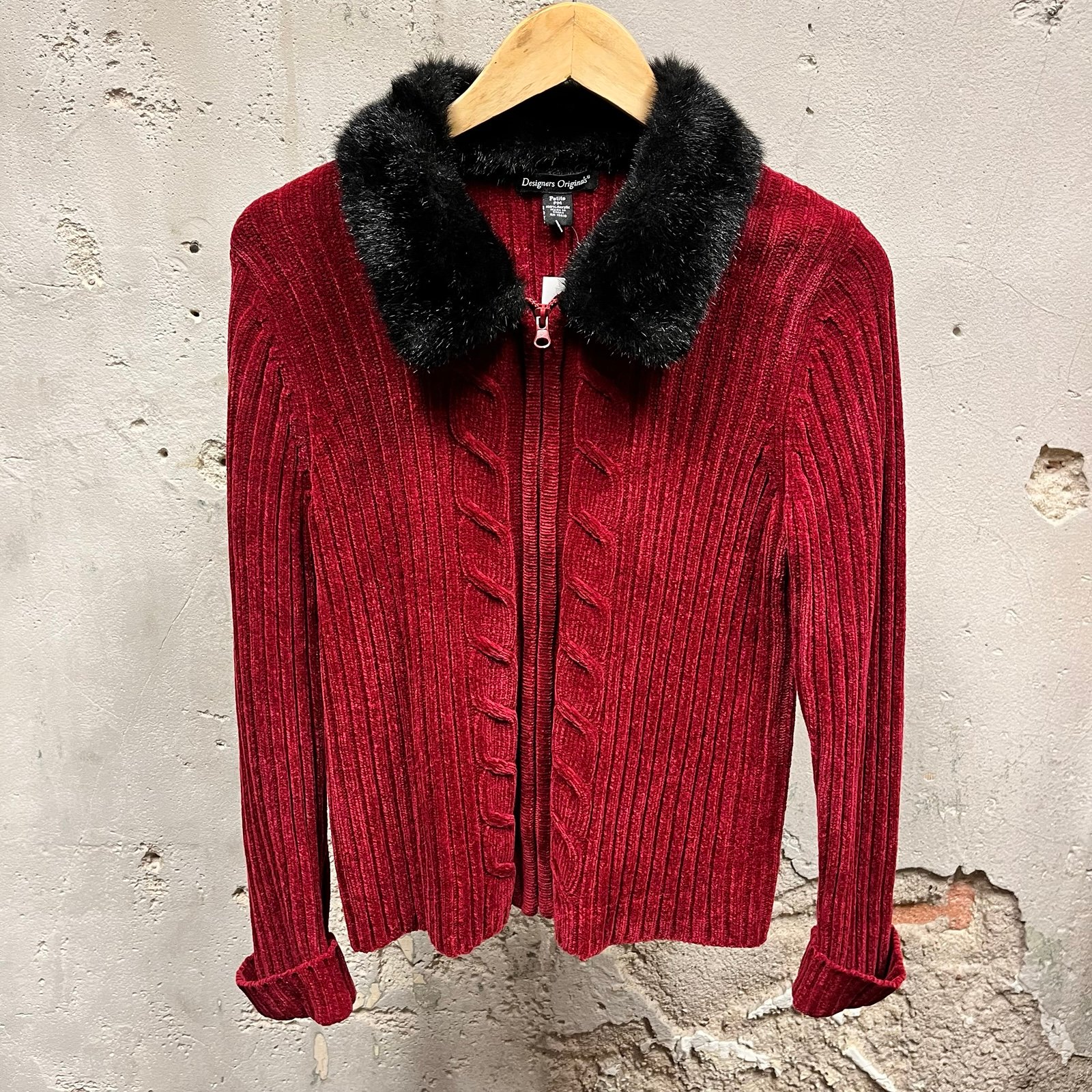 Vintage Y2K Red Black Faux Fur Trim Full Zip Chenille Knit Jacket Medium Petite