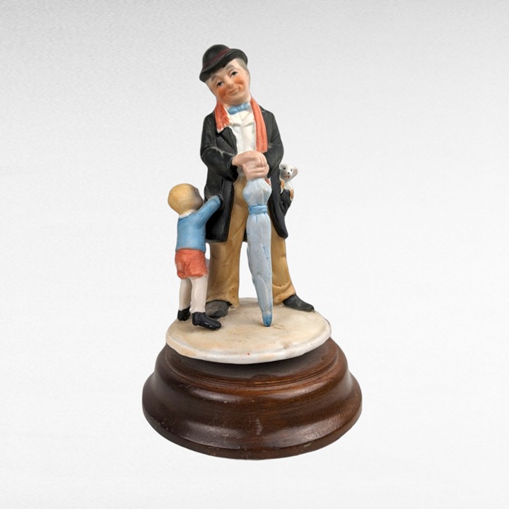 Vintage Ceramic and Wood Music Box, Man and Child