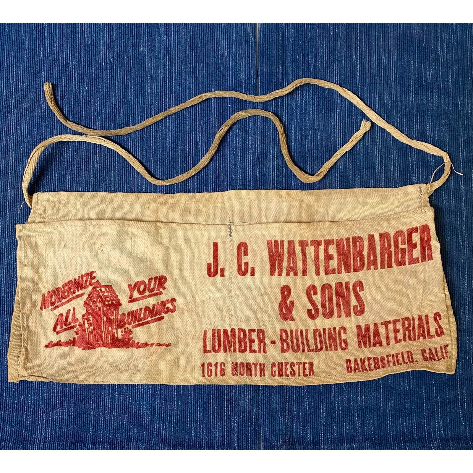 Vtg Canvas Carpenter Nail Bag Apron J.C. Wattenbarger Lumber Bakersfield CA 13B