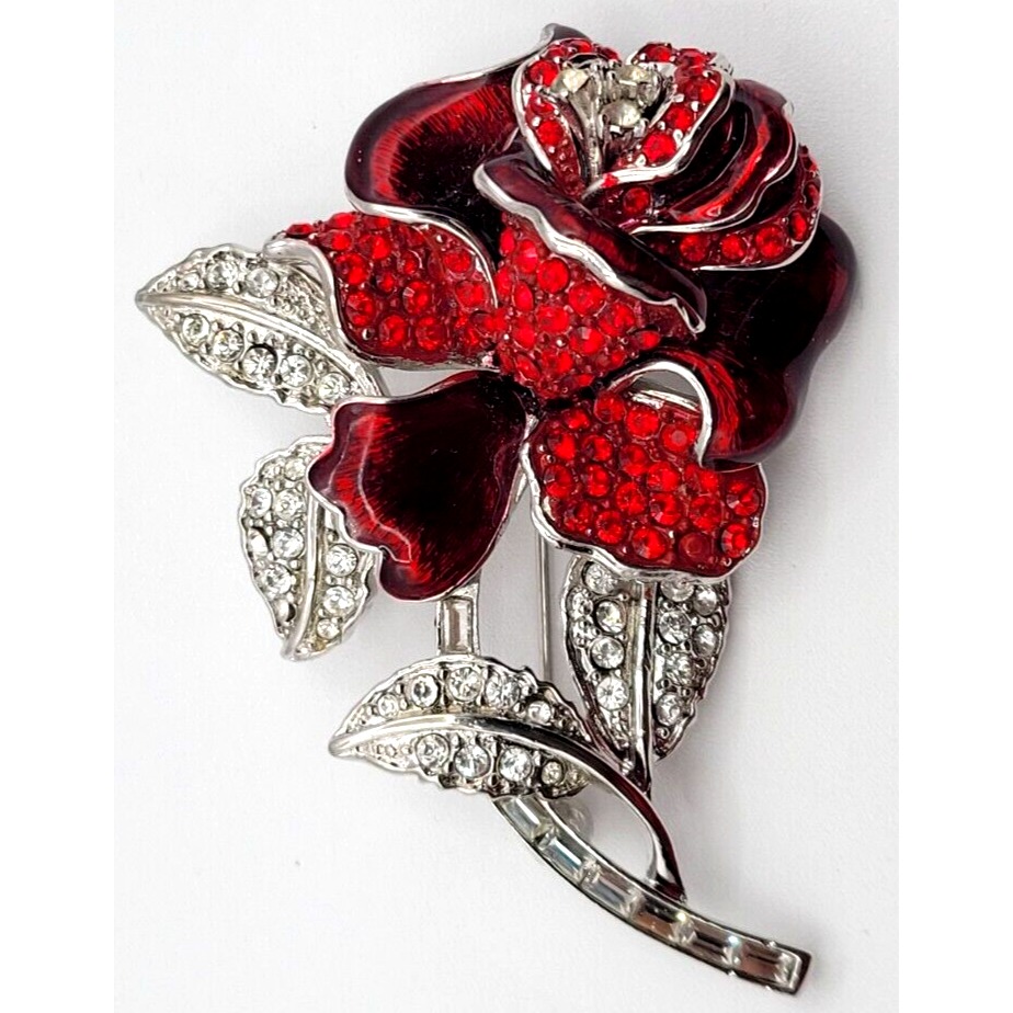 NOLAN MILLER RED ROSE NANCY REAGAN GLAMOUR RHINESTONE BROOCH PIN SILVER SIGNED