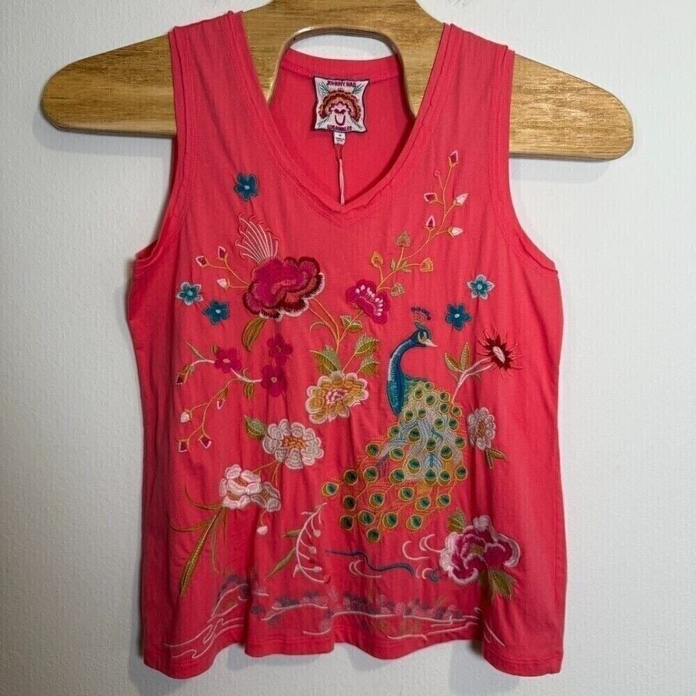 Johnny Was Embroidered Celina Tank Top Raw Edge V-Neck Peacock Floral Pink XS