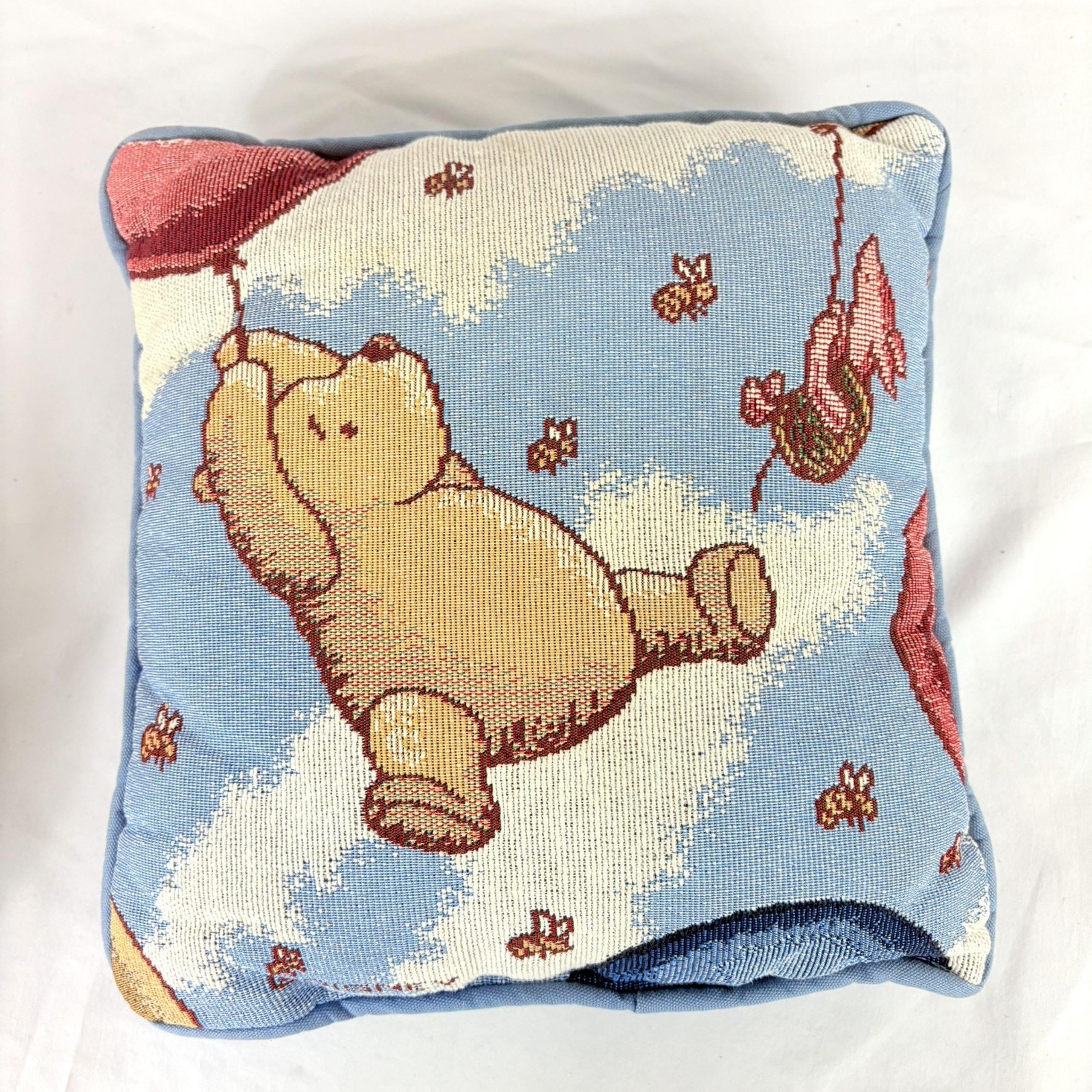 Vtg DISNEY Winnie The Pooh Piglet Tapestry Pillow Balloon Bees Blue 12”