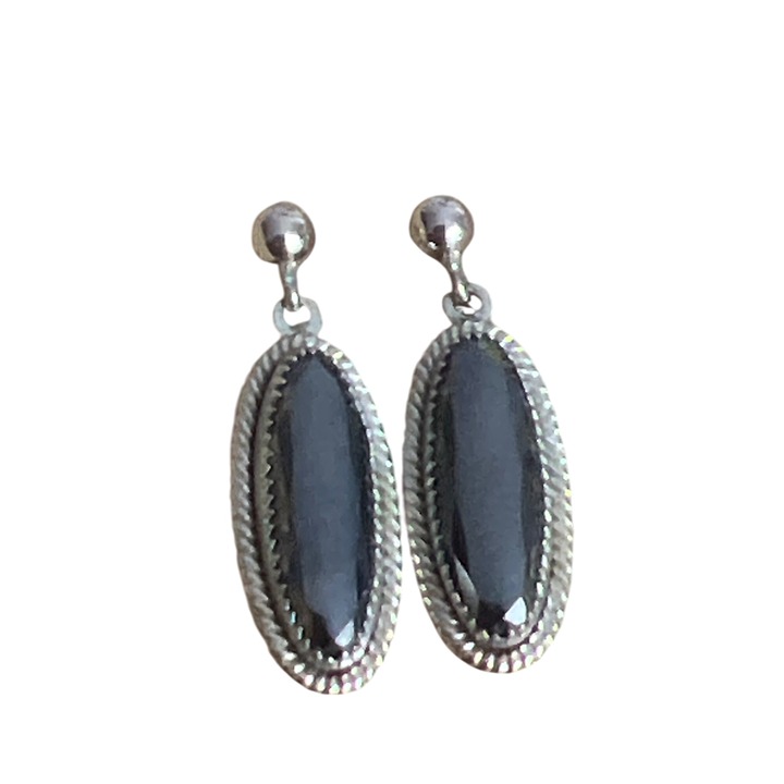 Vintage WcMo Sterling Silver Dangle Earrings Hematite Stone Pierced Oval 1 Long