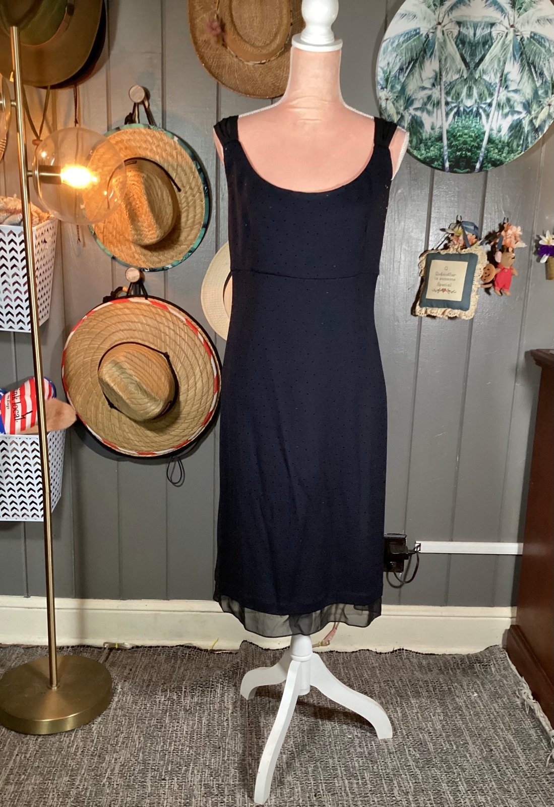 St. John Black Sheath Midi Dress Scoop Neck Sleeveless (Flaw)