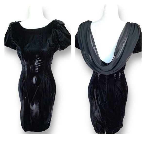 Vintage Late Edition Petite Black Velvet Dress Draped Back Detail Deadstock