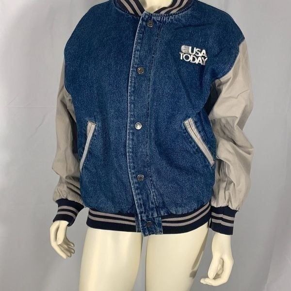 Vintage USA Today Unisex Men's Classic Embroidered Denim Bomber Jacket Size XL