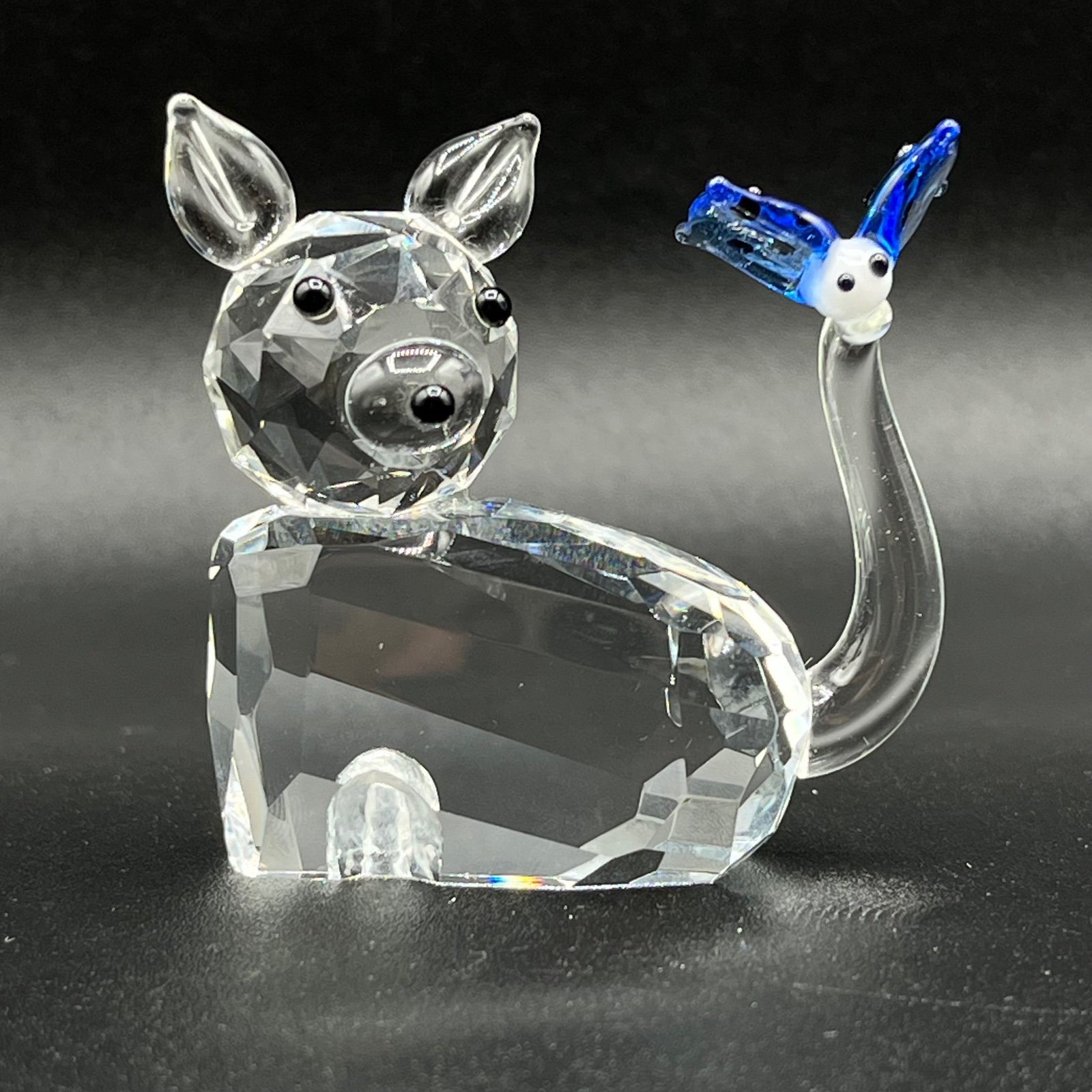 Rare Clear Crystal Dog w Blue Butterfly Bird Tail Pet Animal Figurine Sculpture