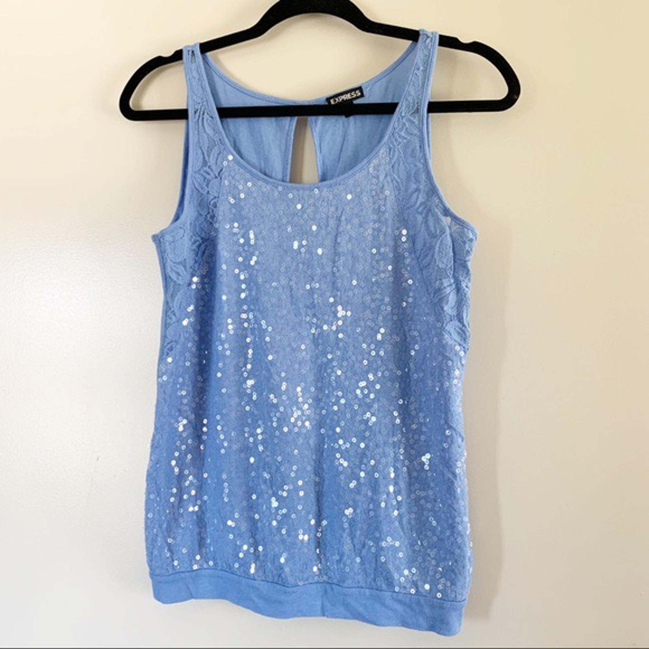 Express Blue Sequin Scoop Neck Tank Top