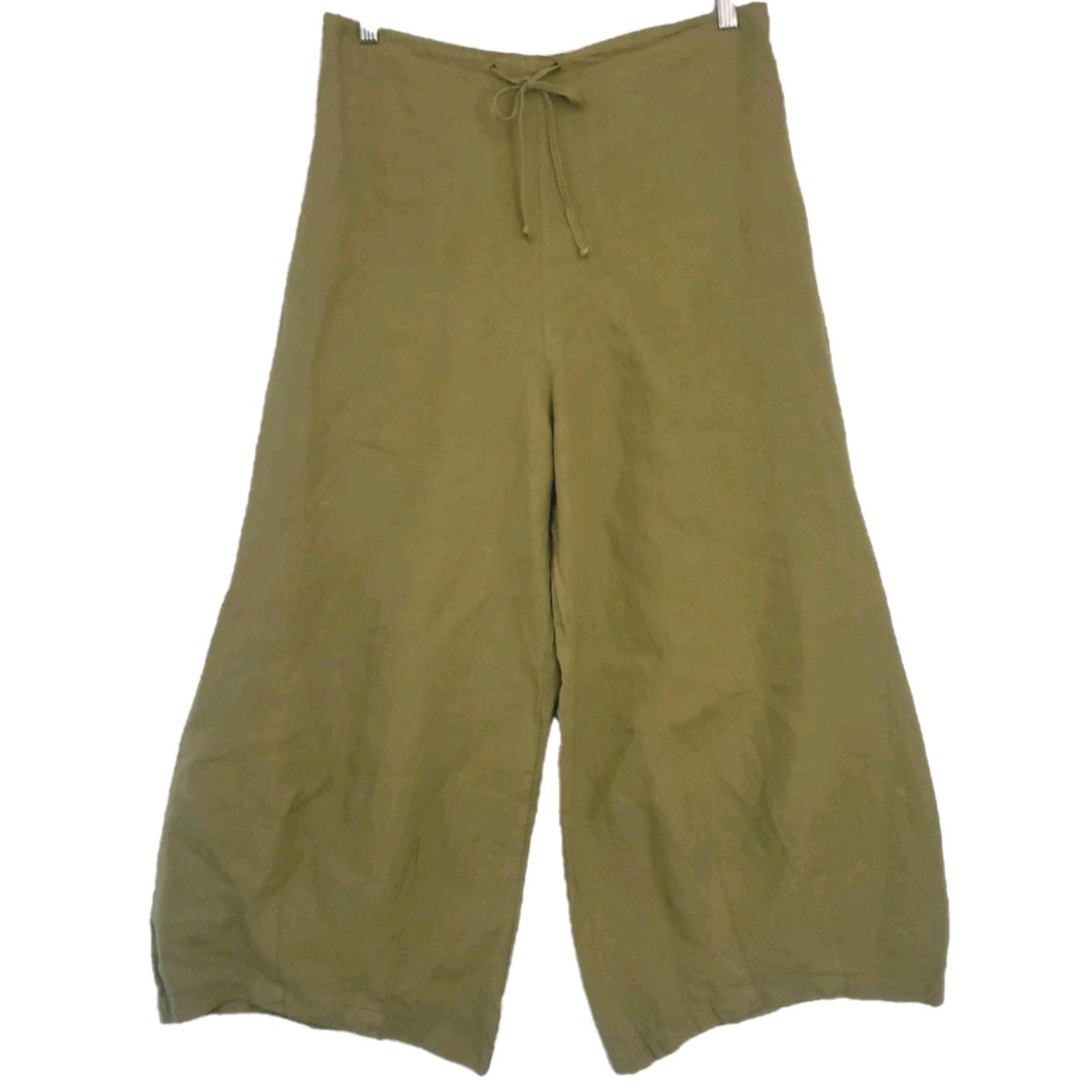 Blue Fish 100% Linen Lagenlook Womens Lantern Wide Leg Pants Olive Sz 1 (10-16)