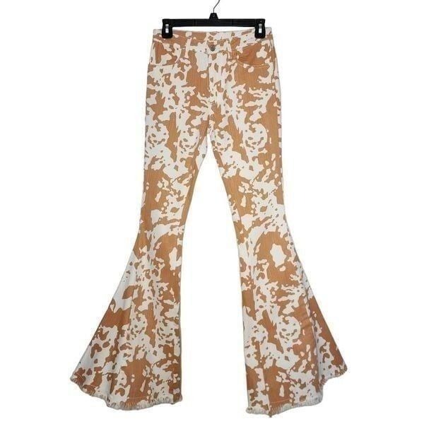 Saints & Hearts Women Jeans, Cow Print High Rise Flare Bell Bottom Jeans, S