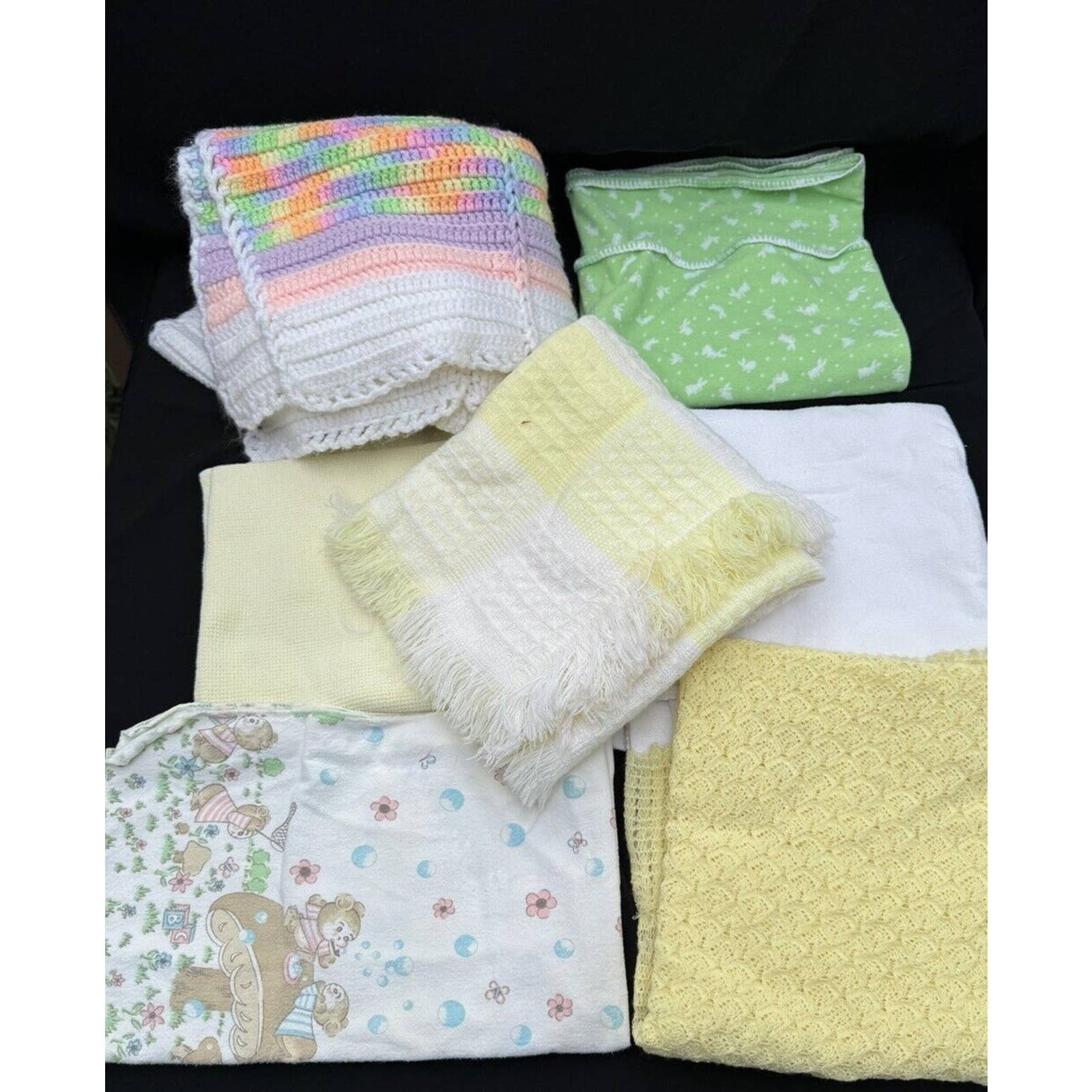 7 Vintage MCM Linens Baby Blankets Mother Crocheted Bears Blowing Bubbles Bunny